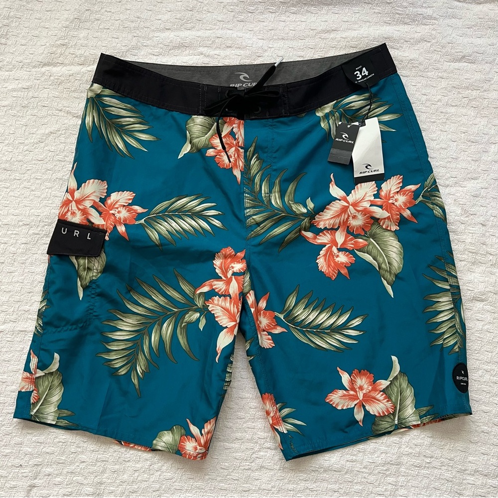 New Rip Curl Board Shorts Men's 34 Swim Trunks Surf Hawaiian Floral Teal Green